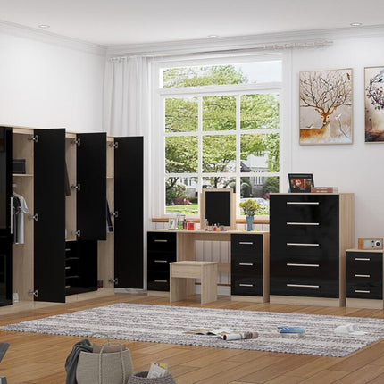 High Gloss Black, 6 Door Wardrobe + Double Dresser + Chest + 2 Bedsides