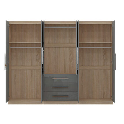 High Gloss Grey, 6 Door Wardrobe + Double Dresser + Chest + 2 Bedsides