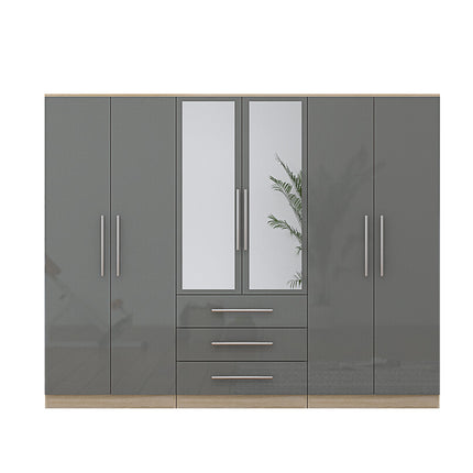 High Gloss Grey, 6 Door Wardrobe + Double Dresser + Chest + 2 Bedsides