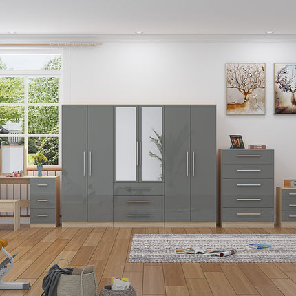 High Gloss Grey, 6 Door Wardrobe + Double Dresser + Chest + 2 Bedsides
