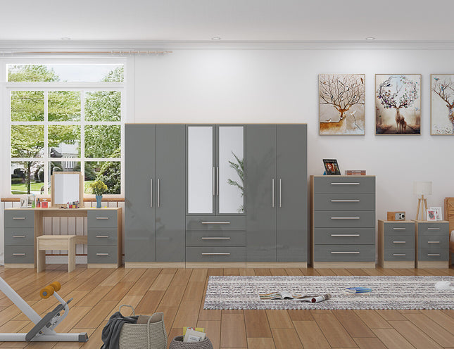 High Gloss Grey, 6 Door Wardrobe + Double Dresser + Chest + 2 Bedsides