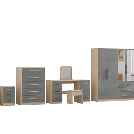 High Gloss Grey, 6 Door Wardrobe + Double Dresser + Chest + 2 Bedsides