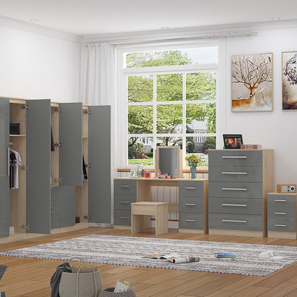 High Gloss Grey, 6 Door Wardrobe + Double Dresser + Chest + 2 Bedsides