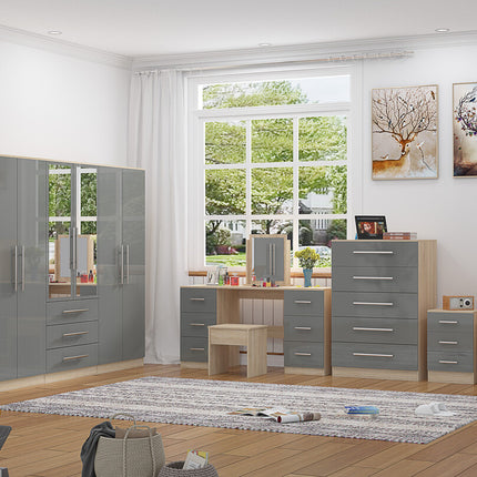 High Gloss Grey, 6 Door Wardrobe + Double Dresser + Chest + 2 Bedsides