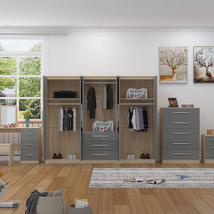 High Gloss Grey, 6 Door Wardrobe + Double Dresser + Chest + 2 Bedsides