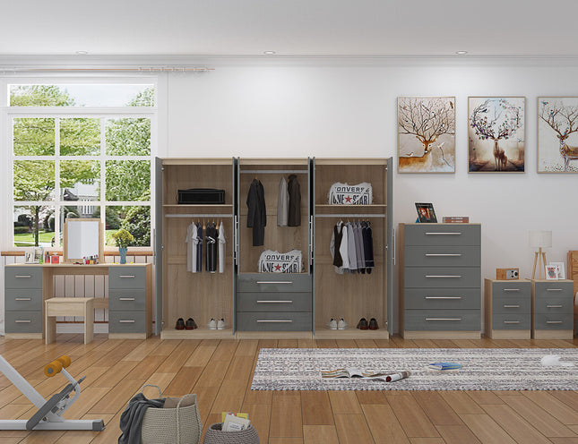 High Gloss Grey, 6 Door Wardrobe + Double Dresser + Chest + 2 Bedsides