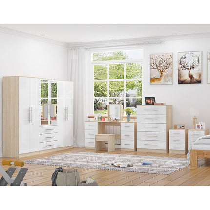 High Gloss White, 6 Door Wardrobe + Double Dresser + Chest + 2 Bedsides