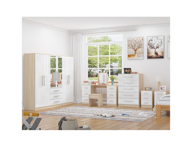 High Gloss White, 6 Door Wardrobe + Double Dresser + Chest + 2 Bedsides