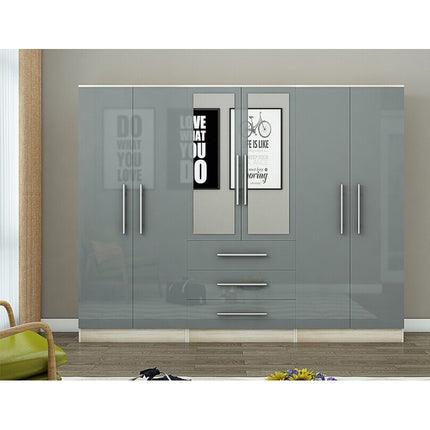 Gloss Grey Large Wardrobe – 6 Door 3 Drawers & Long Mirror