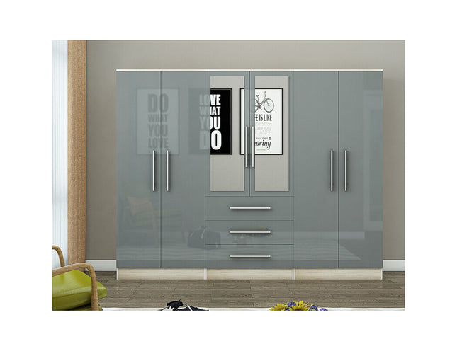 Gloss Grey Large Wardrobe – 6 Door 3 Drawers & Long Mirror
