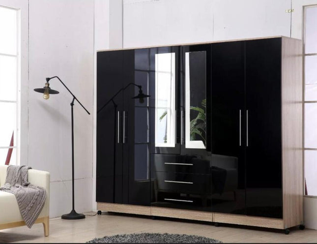 Gloss Black Large Wardrobe – 6 Door 3 Drawers & Long Mirror