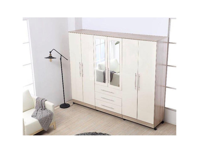 Gloss White Large Wardrobe – 6 Door 3 Drawers & Long Mirror