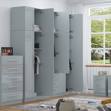 High Gloss Grey Topbox 6 Door Mirrored Fitment Wardrobe + Chest Of Drawers + 2 x Bedsides