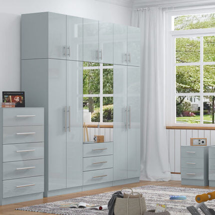 High Gloss Grey Topbox 6 Door Mirrored Fitment Wardrobe + Chest Of Drawers + 2 x Bedsides