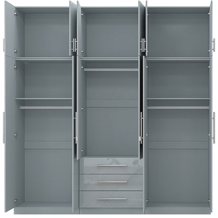 High Gloss Grey Topbox 6 Door Mirrored Fitment Wardrobe + Chest Of Drawers + 2 x Bedsides