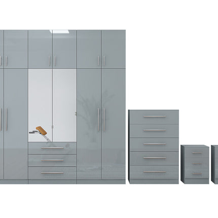 High Gloss Grey Topbox 6 Door Mirrored Fitment Wardrobe + Chest Of Drawers + 2 x Bedsides
