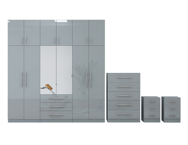 High Gloss Grey Topbox 6 Door Mirrored Fitment Wardrobe + Chest Of Drawers + 2 x Bedsides