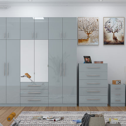 High Gloss Grey Topbox 6 Door Mirrored Fitment Wardrobe + Chest Of Drawers + 2 x Bedsides