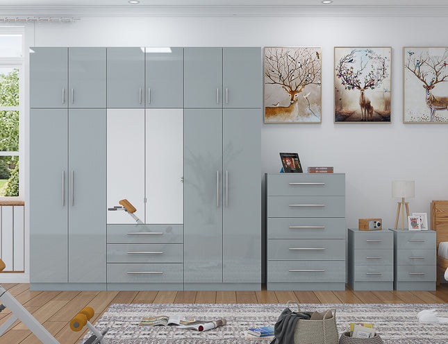 High Gloss Grey Topbox 6 Door Mirrored Fitment Wardrobe + Chest Of Drawers + 2 x Bedsides
