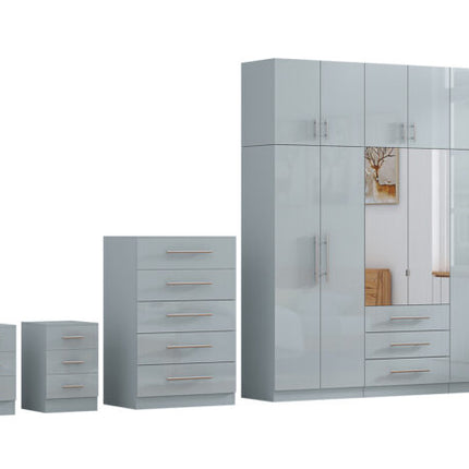 High Gloss Grey Topbox 6 Door Mirrored Fitment Wardrobe + Chest Of Drawers + 2 x Bedsides