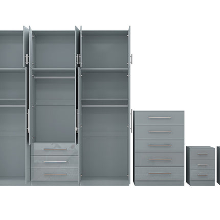 High Gloss Grey Topbox 6 Door Mirrored Fitment Wardrobe + Chest Of Drawers + 2 x Bedsides
