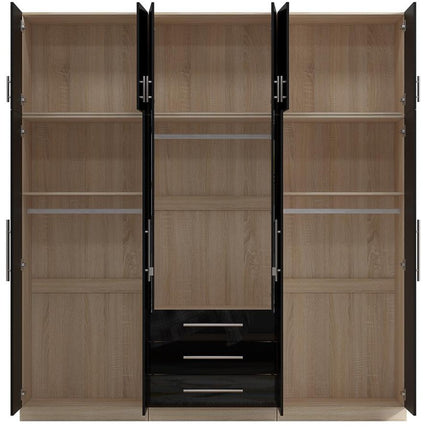 High Gloss Topbox 6 Door Mirrored Fitment Wardrobe Black