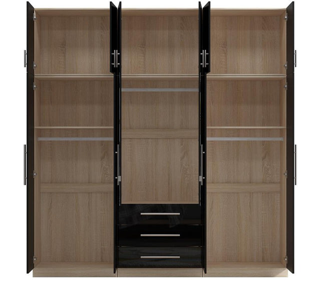 High Gloss Topbox 6 Door Mirrored Fitment Wardrobe Black