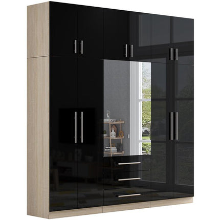High Gloss Topbox 6 Door Mirrored Fitment Wardrobe Black