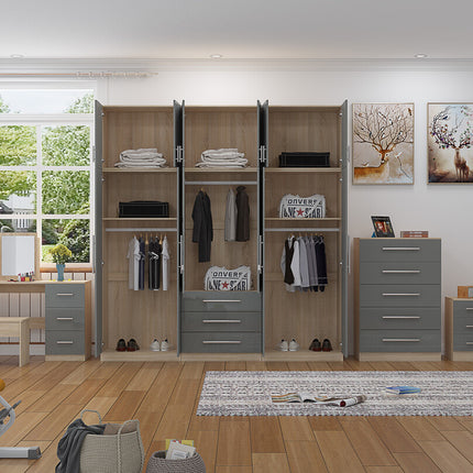 High Gloss Topbox 6 Door Dark Grey Mirrored Fitment Wardrobe + Double Dresser + Chest + 2 Bedsides