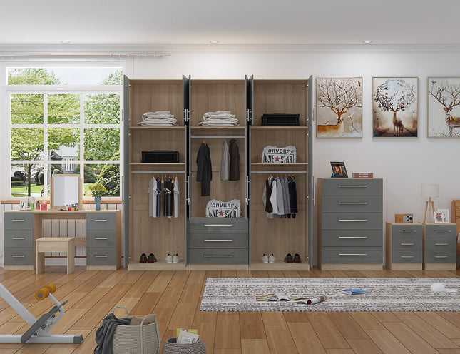 High Gloss Topbox 6 Door Dark Grey Mirrored Fitment Wardrobe + Double Dresser + Chest + 2 Bedsides