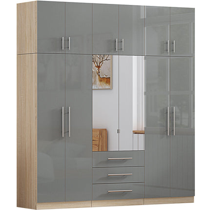 High Gloss Topbox 6 Door Dark Grey Mirrored Fitment Wardrobe + Double Dresser + Chest + 2 Bedsides