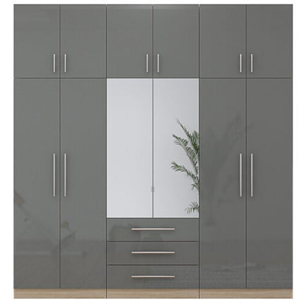 High Gloss Topbox 6 Door Dark Grey Mirrored Fitment Wardrobe + Double Dresser + Chest + 2 Bedsides