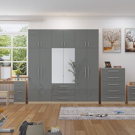 High Gloss Topbox 6 Door Dark Grey Mirrored Fitment Wardrobe + Double Dresser + Chest + 2 Bedsides