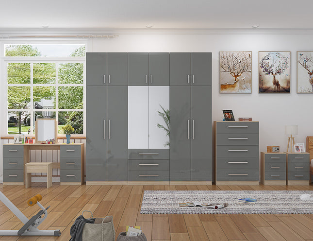 High Gloss Topbox 6 Door Dark Grey Mirrored Fitment Wardrobe + Double Dresser + Chest + 2 Bedsides