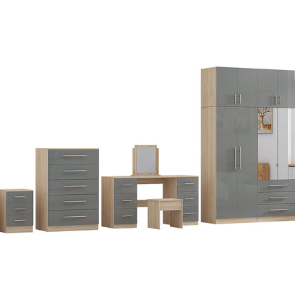 High Gloss Topbox 6 Door Dark Grey Mirrored Fitment Wardrobe + Double Dresser + Chest + 2 Bedsides
