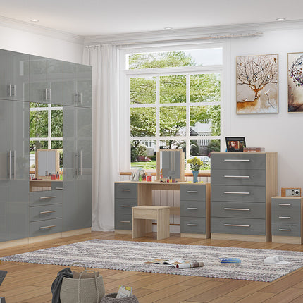 High Gloss Topbox 6 Door Dark Grey Mirrored Fitment Wardrobe + Double Dresser + Chest + 2 Bedsides