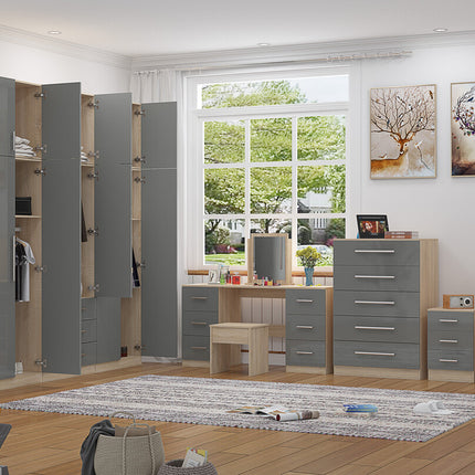 High Gloss Topbox 6 Door Dark Grey Mirrored Fitment Wardrobe + Double Dresser + Chest + 2 Bedsides