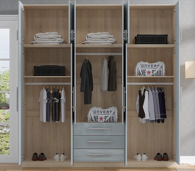 High Gloss Topbox 6 Door Mirrored Fitment Wardrobe Grey