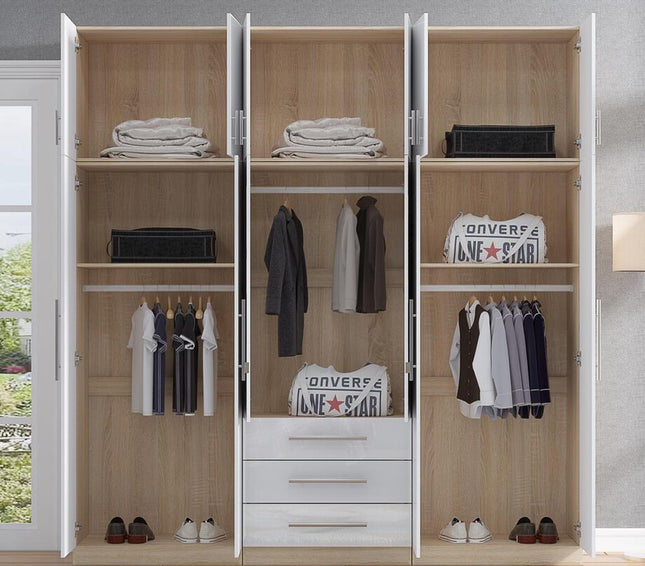 High Gloss Topbox 6 Door Mirrored Fitment Wardrobe White