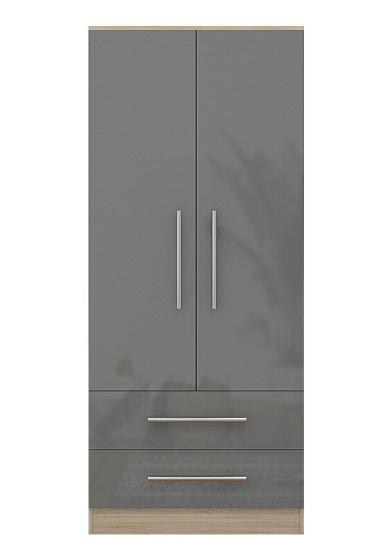 Full Grey 2 Doors + 2 Draws High Glass Wardrobe