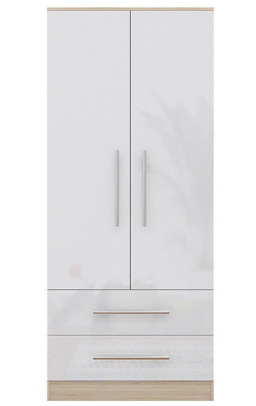 White 2 Doors + 2 Draws High Glass Wardrobe