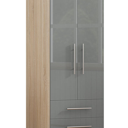Grey 2 Doors + 2 Draws High Glass Wardrobe