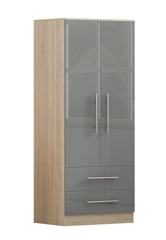 Grey 2 Doors + 2 Draws High Glass Wardrobe