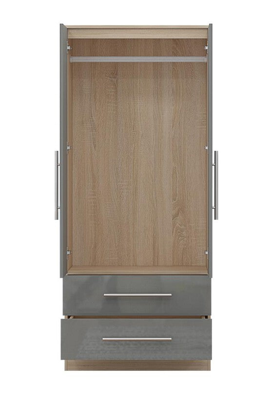 Grey 2 Doors + 2 Draws High Glass Wardrobe