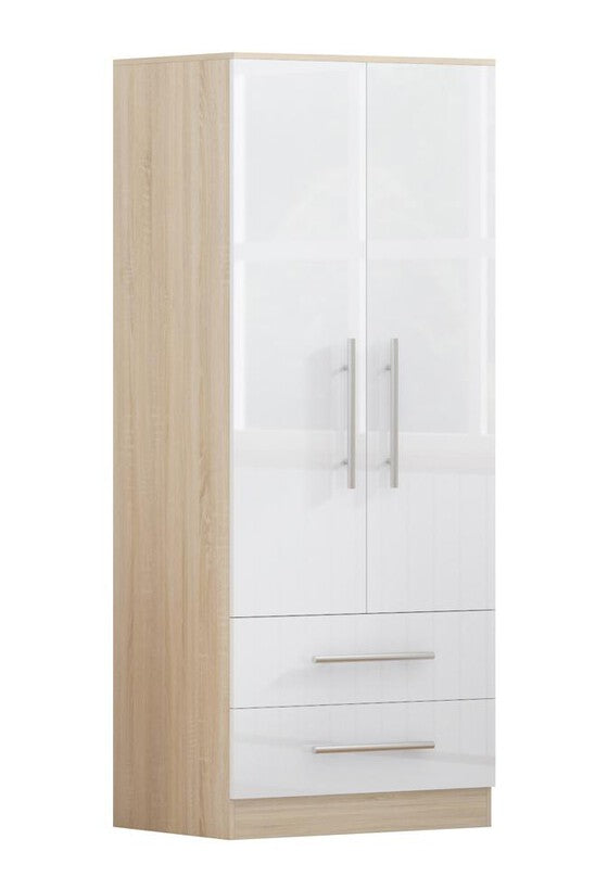 White 2 Doors + 2 Draws High Glass Wardrobe