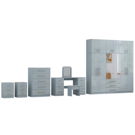 High Gloss Topbox 6 Door Light Grey Mirrored Fitment Wardrobe + Double Dresser + Chest + 2 Bedsides