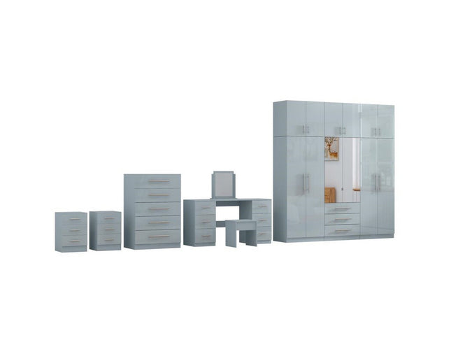 High Gloss Topbox 6 Door Light Grey Mirrored Fitment Wardrobe + Double Dresser + Chest + 2 Bedsides